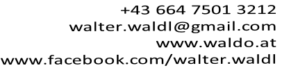 +43 664 7501 3212
walter.waldl@gmail.com
www.waldo.at
www.facebook.com/walter.waldl